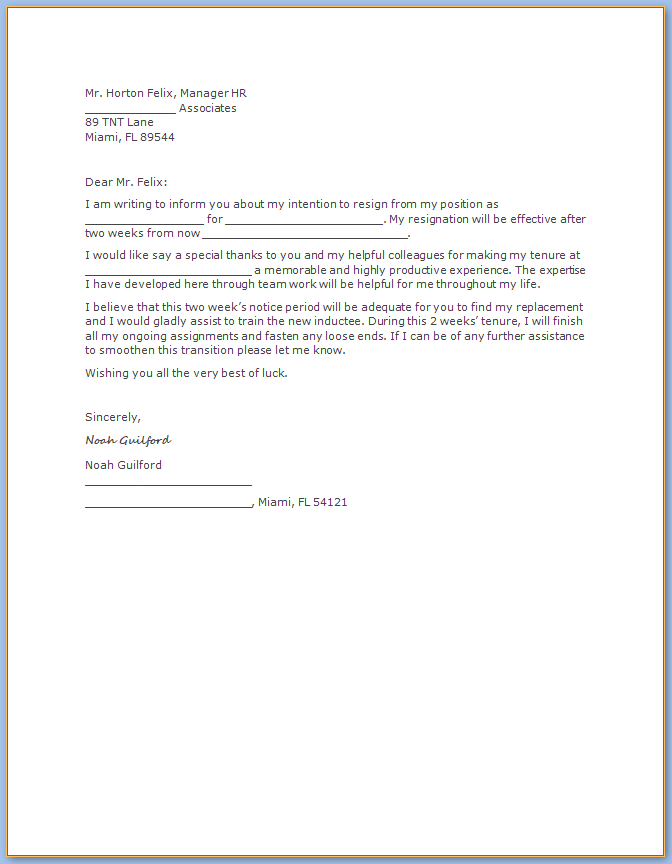 √ Free Printable Resignation Letter Two Weeks Notice 4089