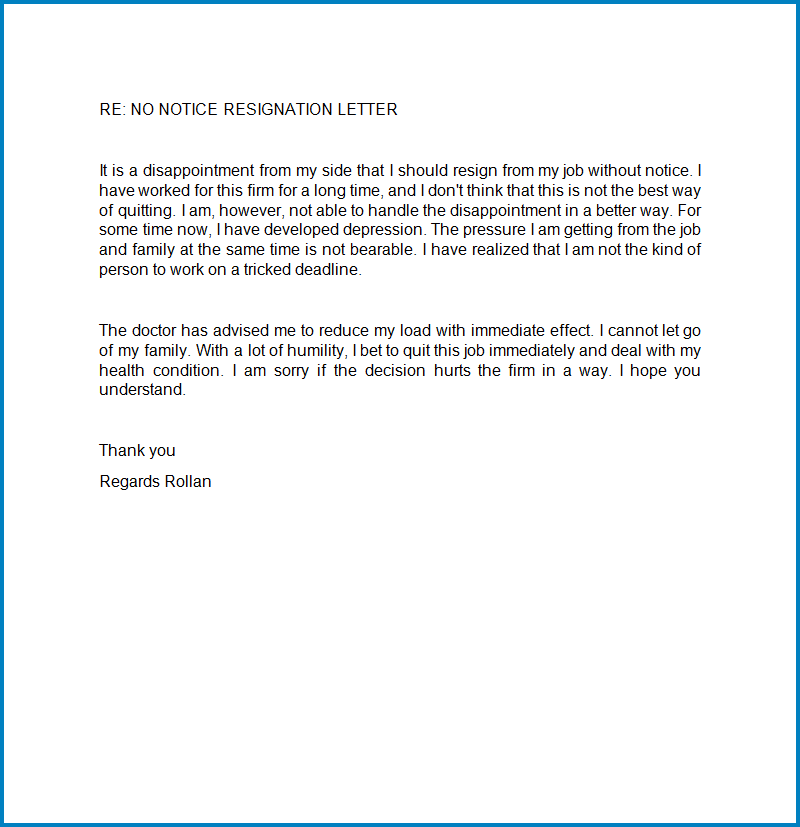 Free Printable Resignation Letter Template without Notice