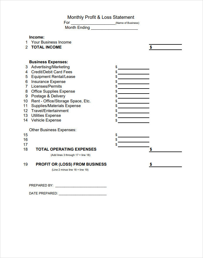 Restaurant Monthly Profit and Loss Statement Template