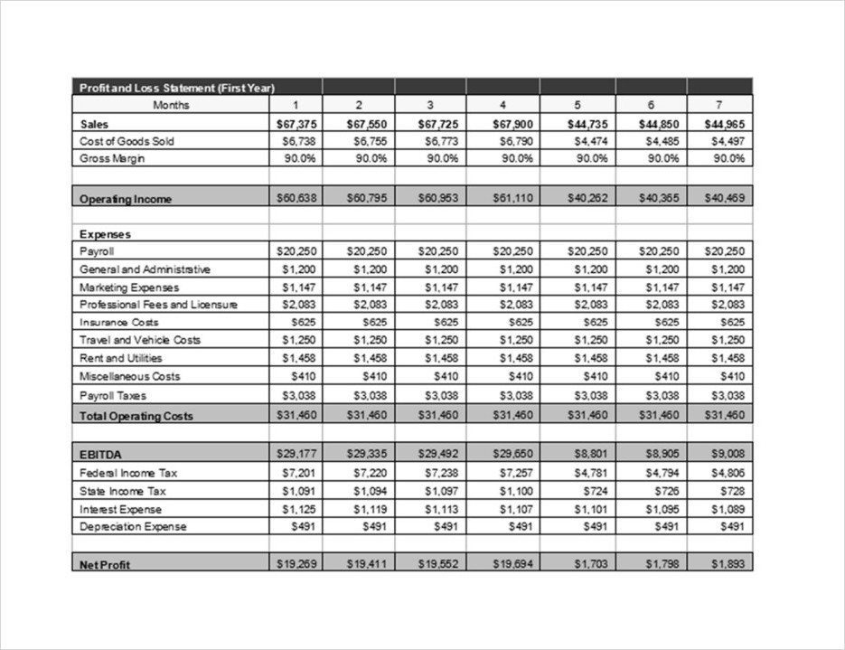 Restaurant Profit and Loss First Year Statement Template