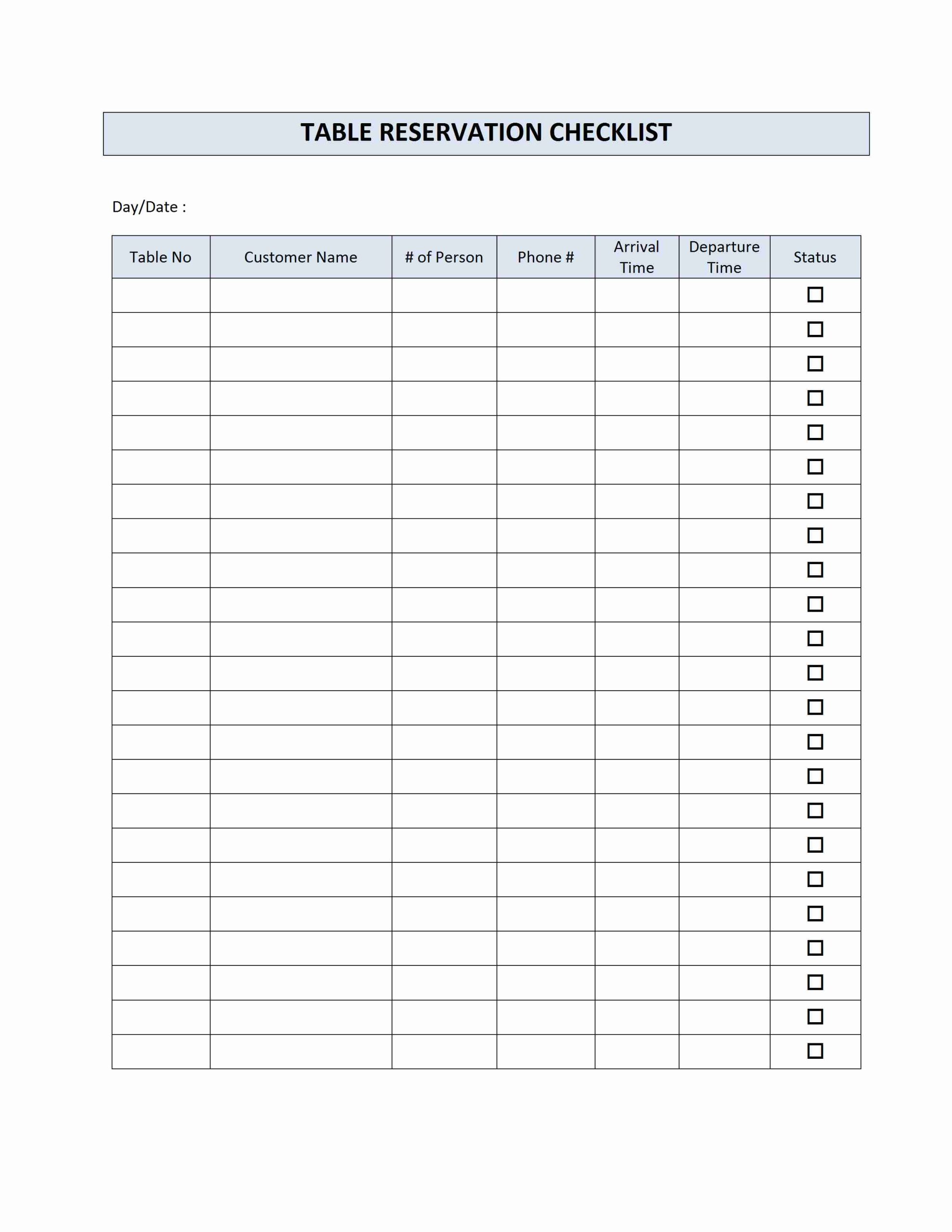 Restaurant Reservation Checklist Template