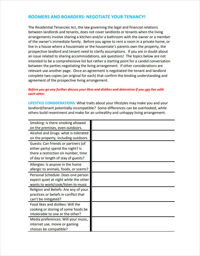 Roomers and Boarders Agreement Template