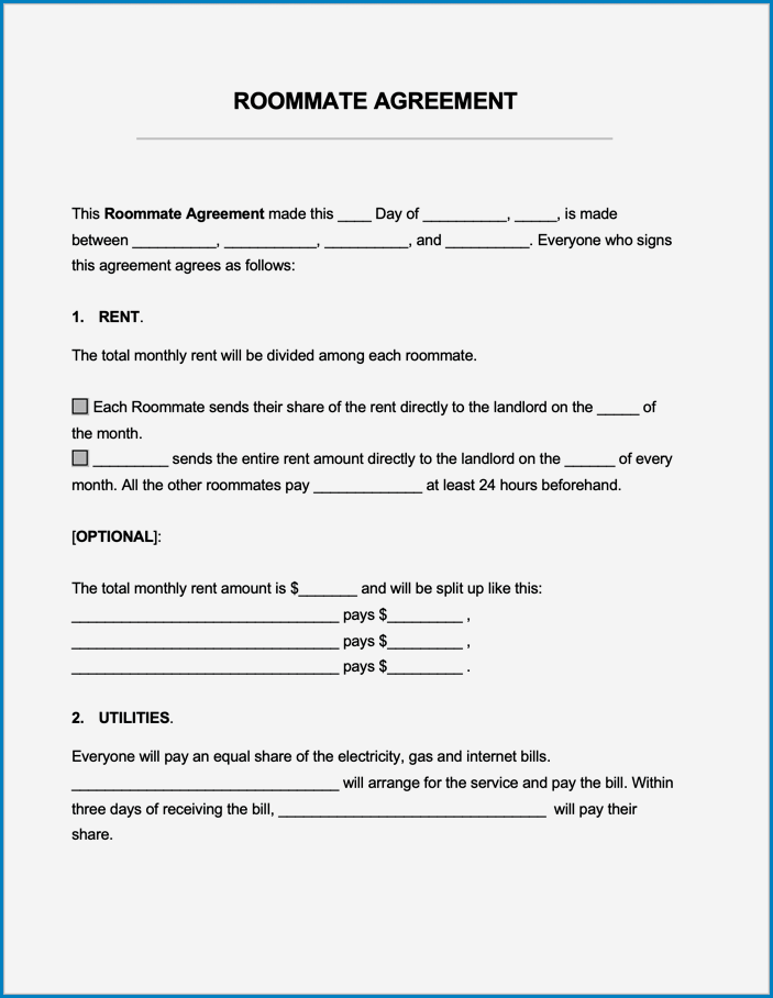 Roommate Agreement Template Example