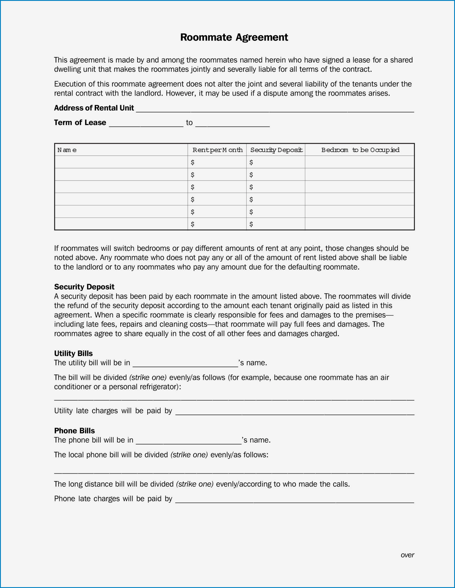 Roommate Agreement Template Sample