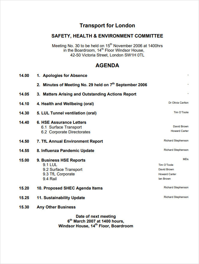 Safety Agenda Template for Transportation