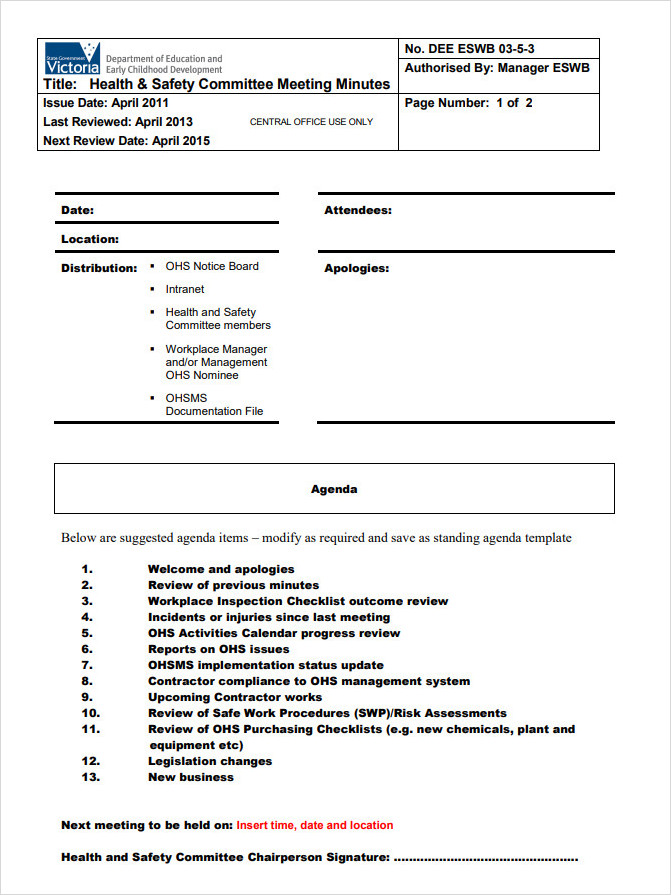 Safety Committee Meeting Minutes Template