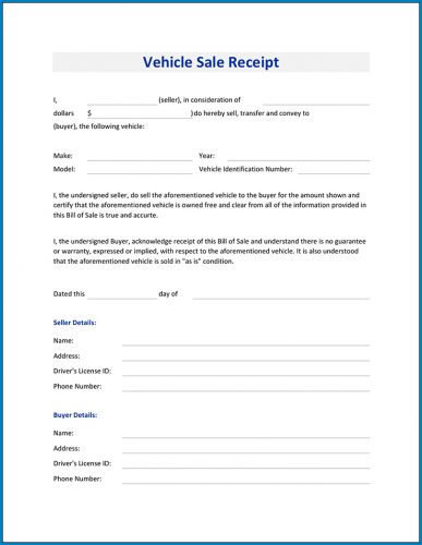 free printable sale receipt for vehicle templateral