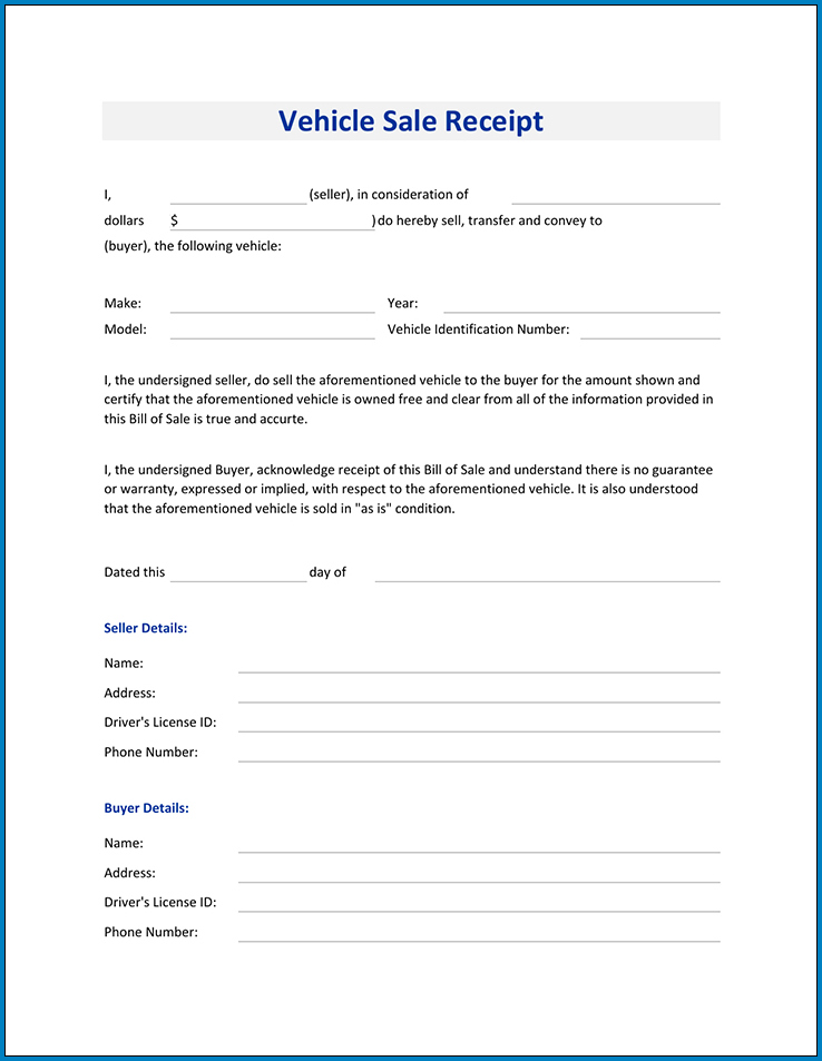 Sale Receipt For Vehicle Sample