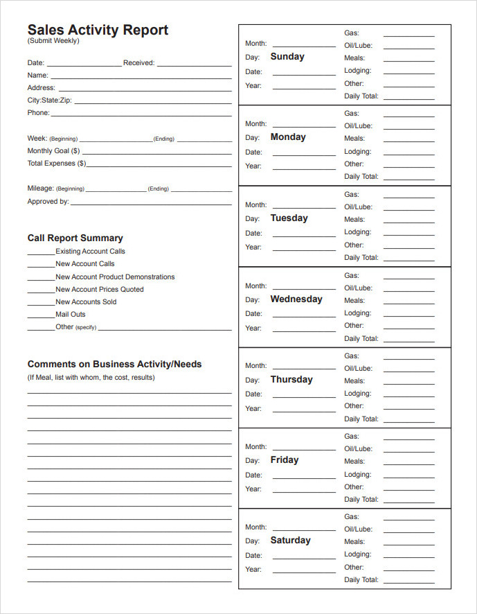 Sales Call Activity Report Template