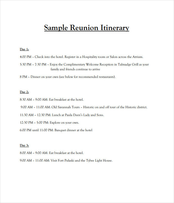 Sample Family Reunion Itinerary Template