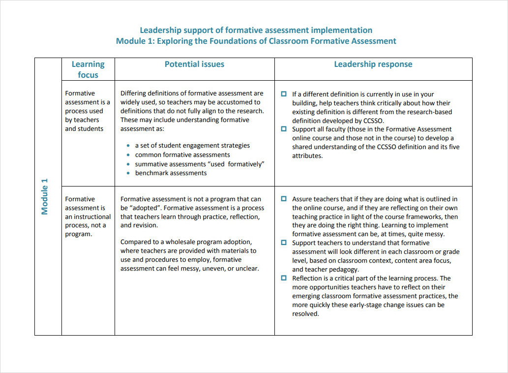 Sample Formative Assessment Template