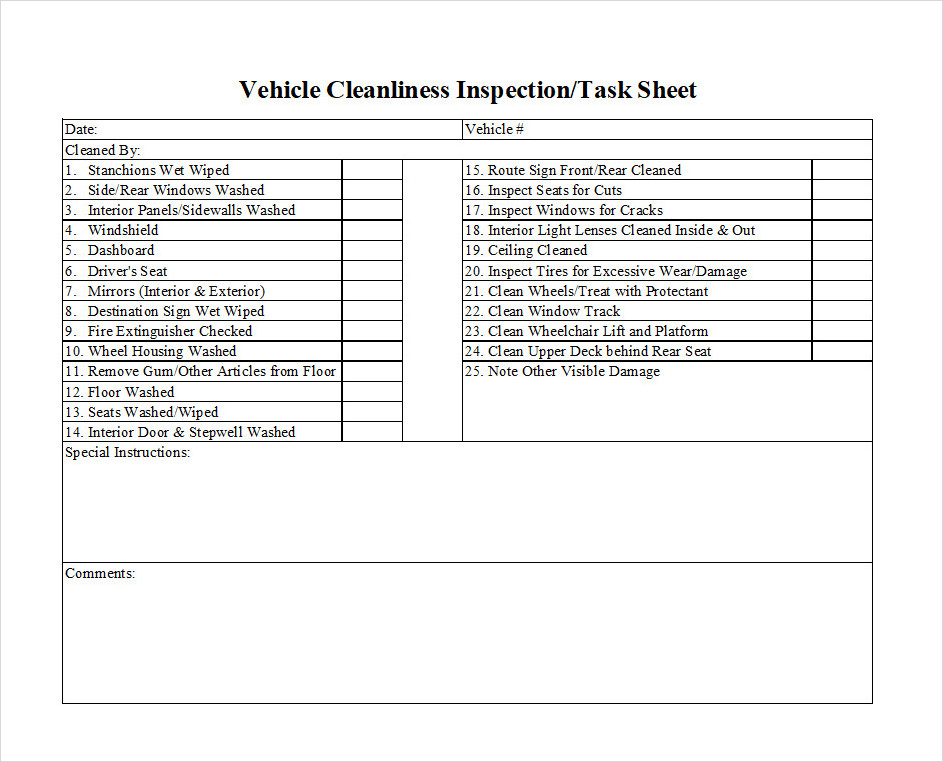 Sample Vehicle Cleanliness Inspection Checklist Template Excel