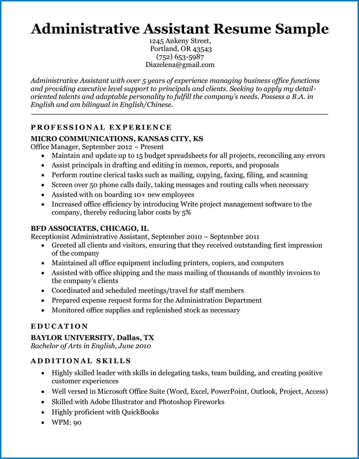 Sample of Administrative Assistant Resume Template