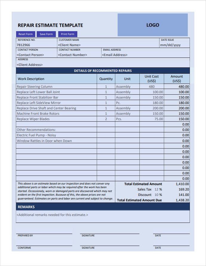 Sample of Auto Repair Estimate Template