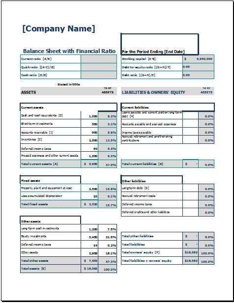 Sample of Balance Sheet Template With Financial Ratio