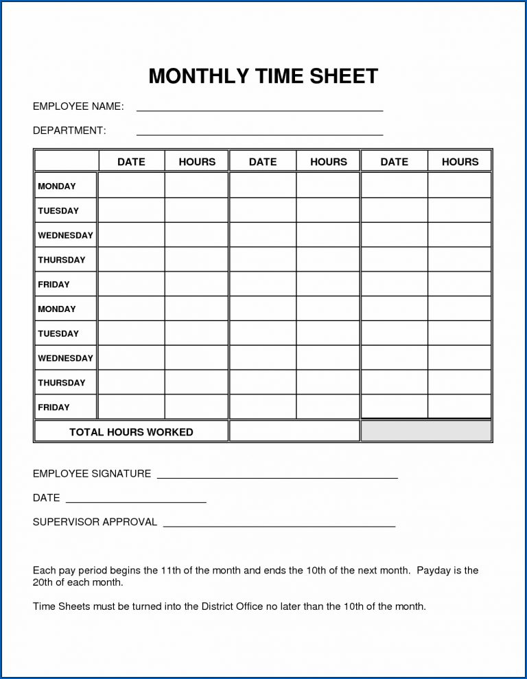 √ Free Printable Basic Monthly Timesheet Template