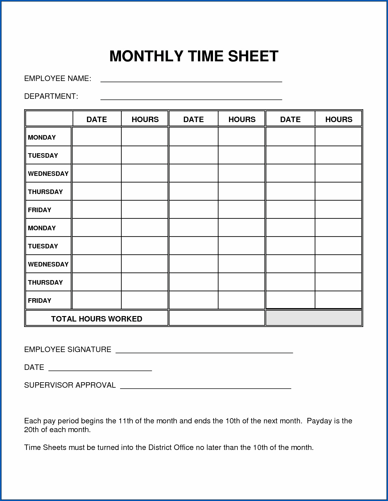 Sample of Basic Monthly Timesheet Template