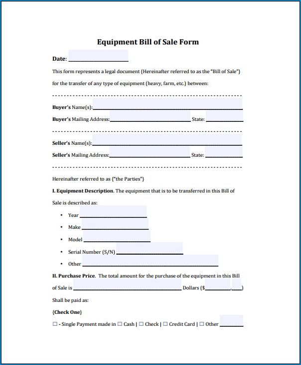 Sample of Bill Of Sale Template Word