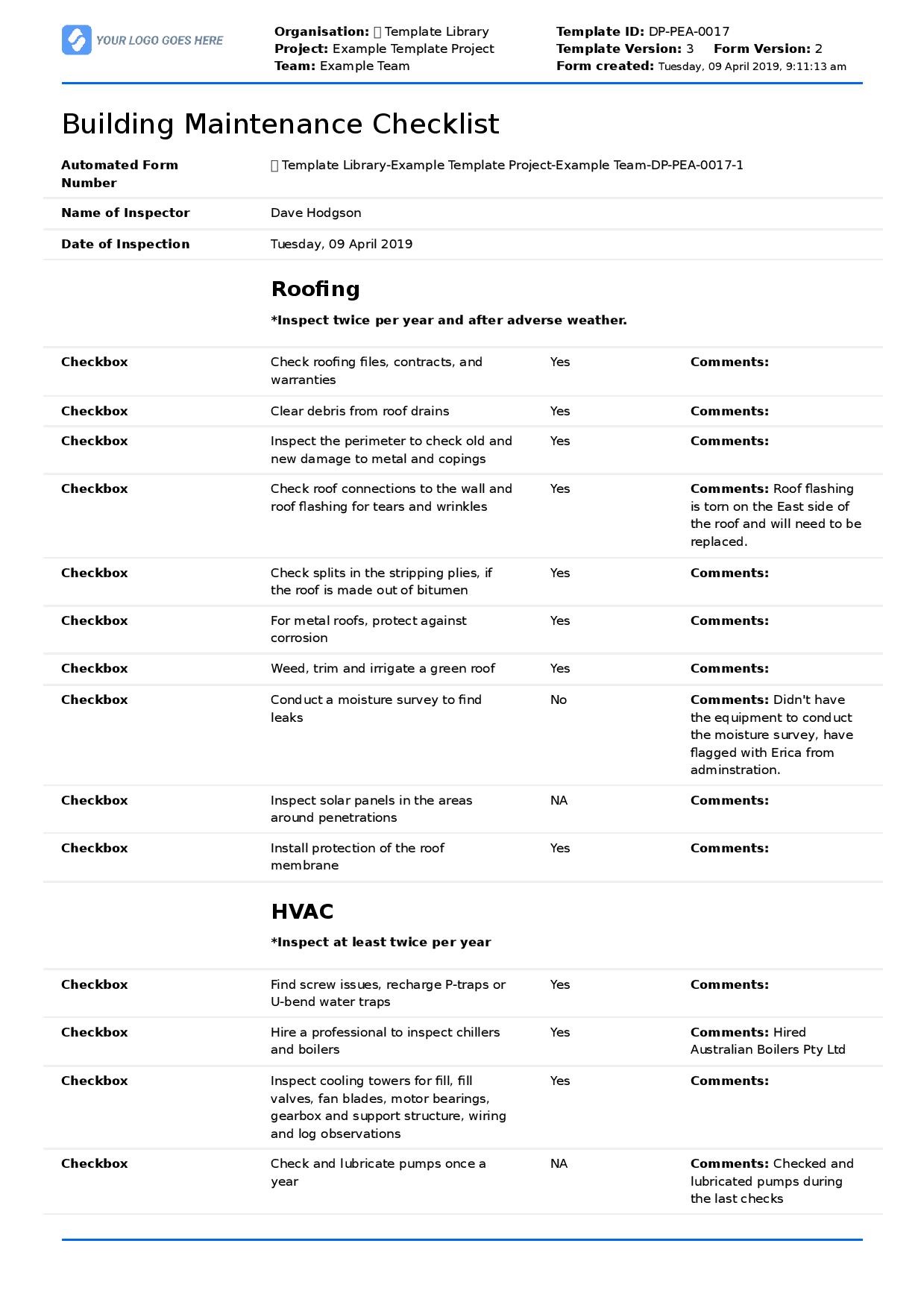 Sample of Building Facilities Checklist Template