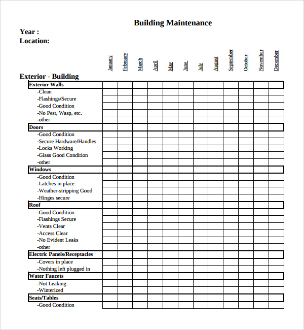 Sample of Building Maintenance Worksheet Template