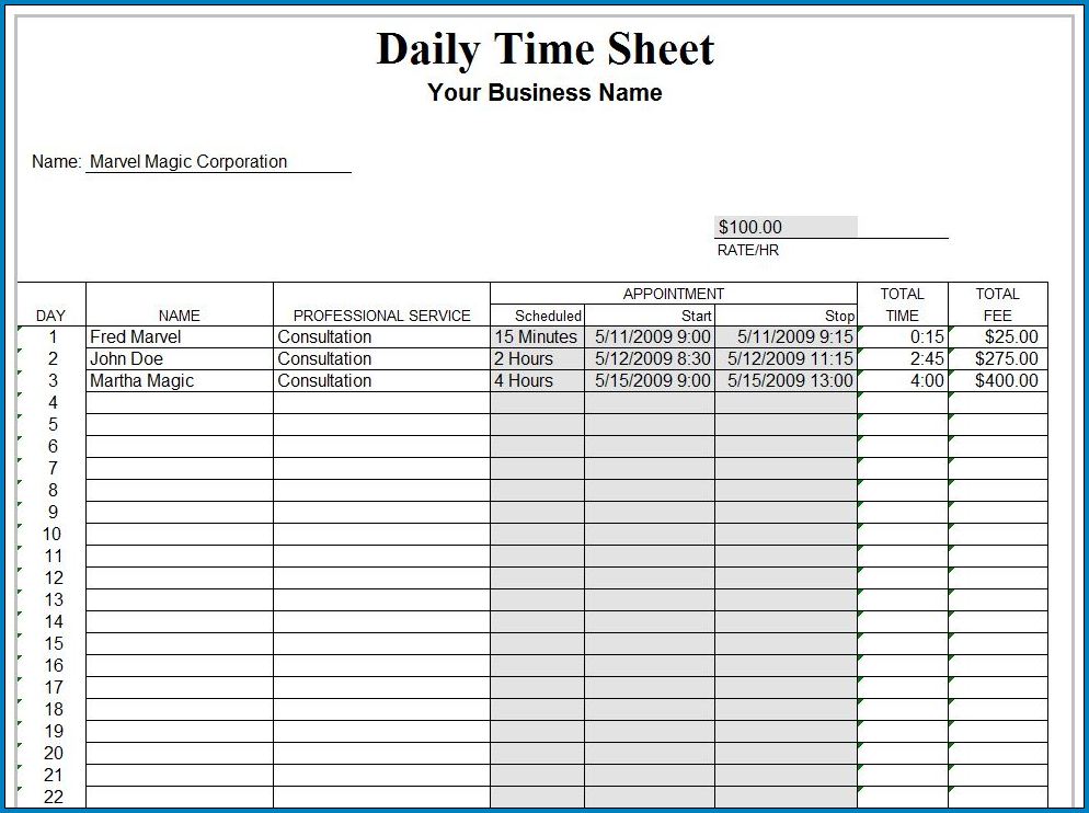 Sample of Business Timesheet Template