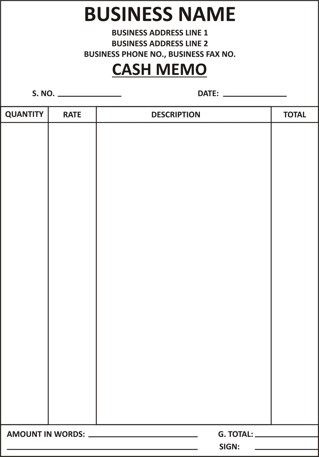 Sample of Cash Memo Format Template