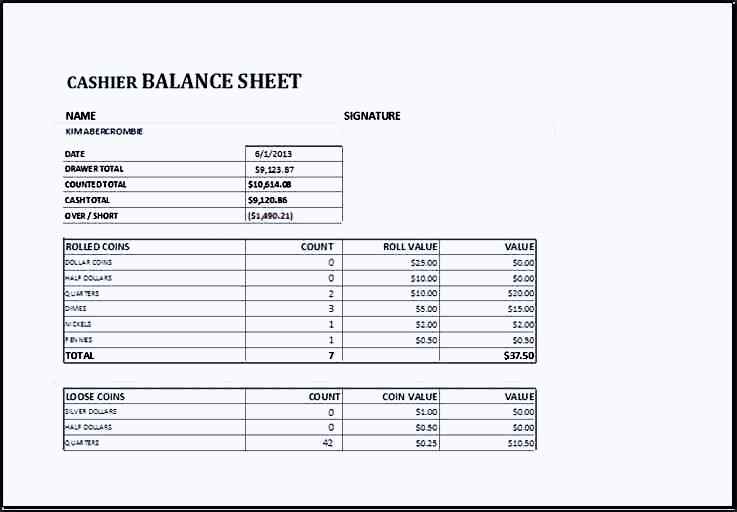 MS Excel Cashier Balance Sheet Template