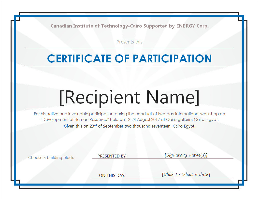 Sample of Certificate of Participation Template