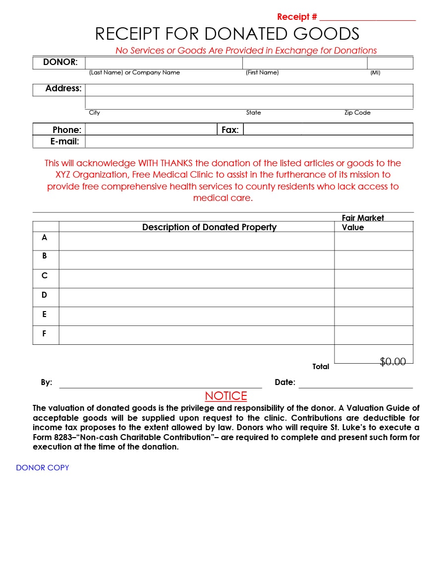 Sample of Charitable Contributions Receipt Template