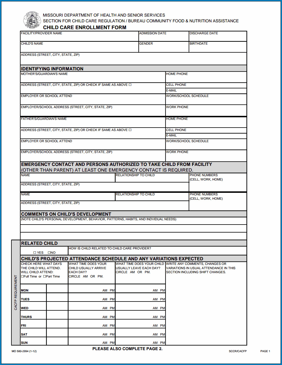 Sample of Childcare Enrollment Form