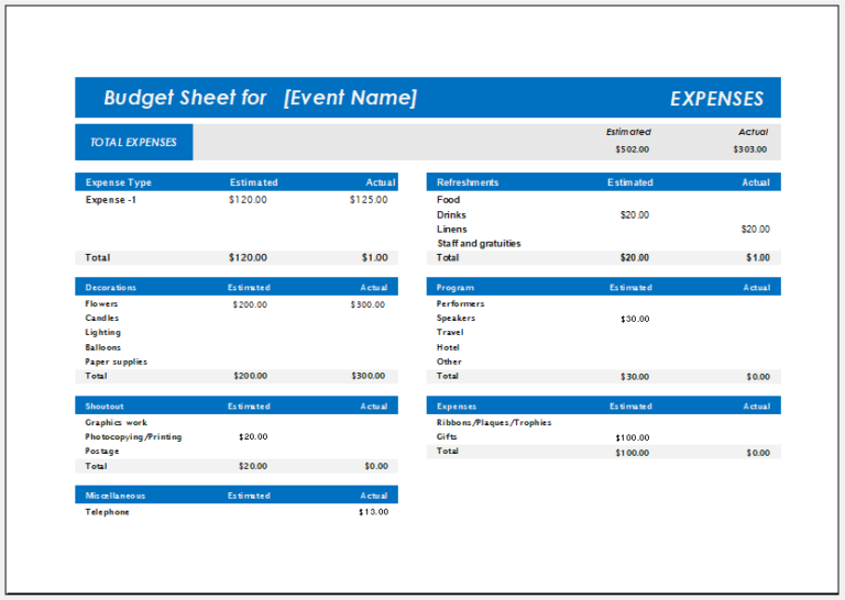 Sample of College Party Budget Worksheet Template