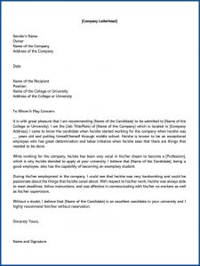 Sample of College Recommendation Letter Template