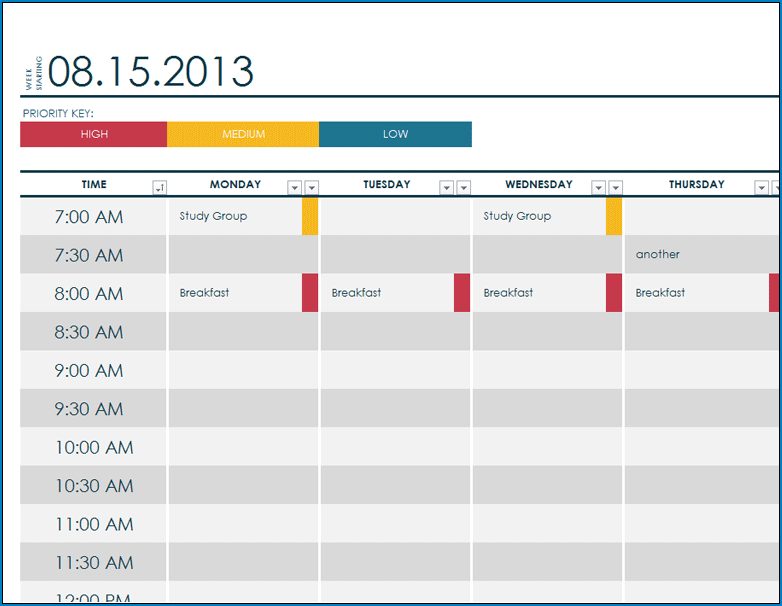 Sample of College Schedule Template