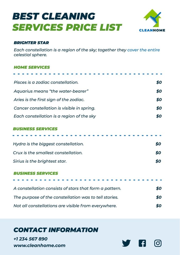 Sample of Commercial Cleaning Services Price List Template