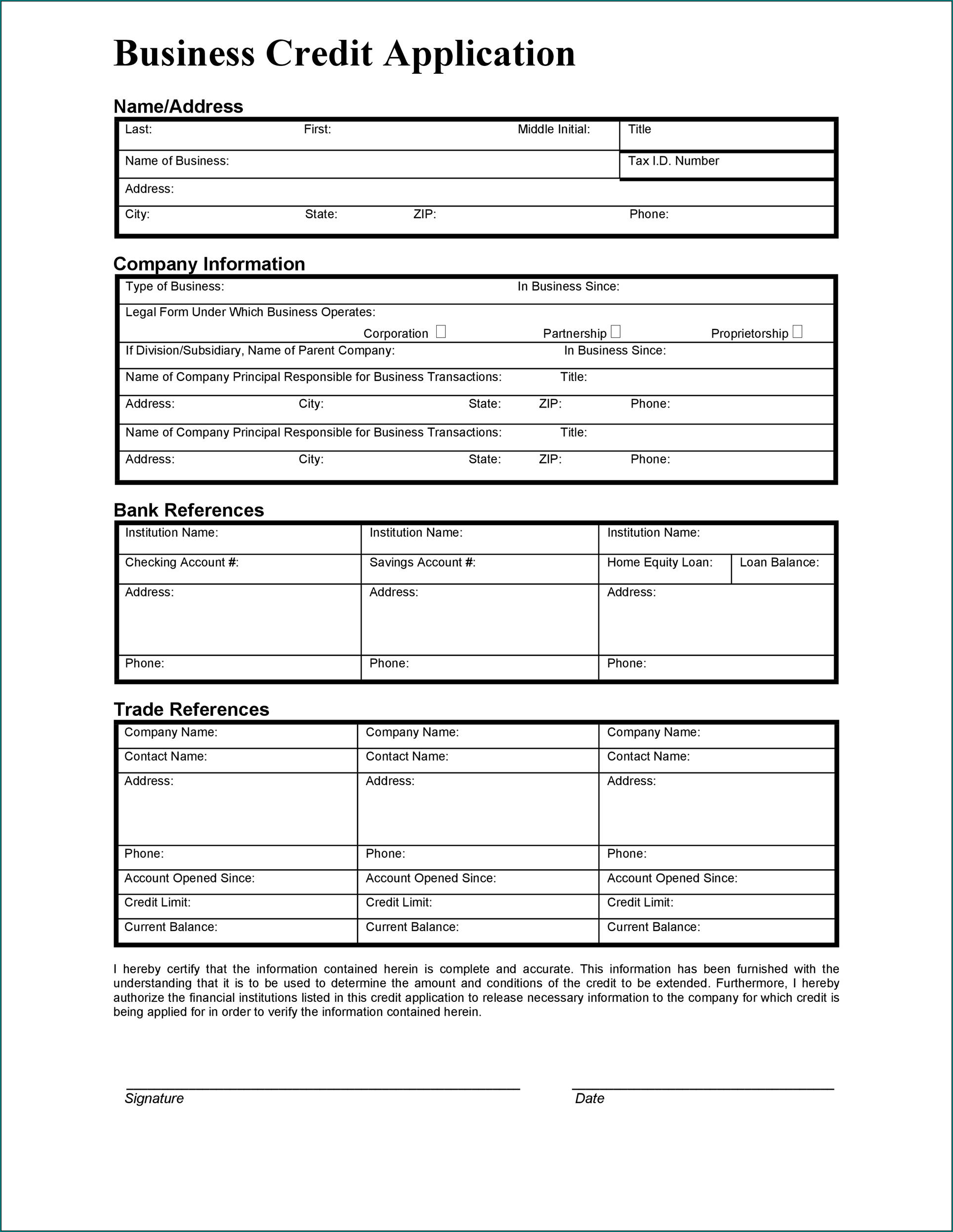 Sample of Commercial Credit Application Form