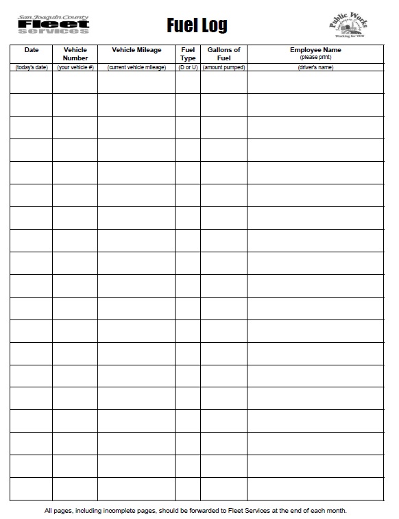 Sample of Company Vehicle Fuel And Inspection Log Template | Templateral