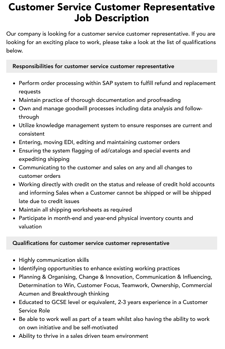 Sample of Customer Support Representative Duty List Template