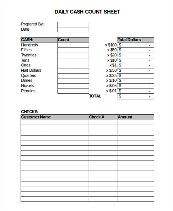 Sample of Daily Cash Count Sheet Template