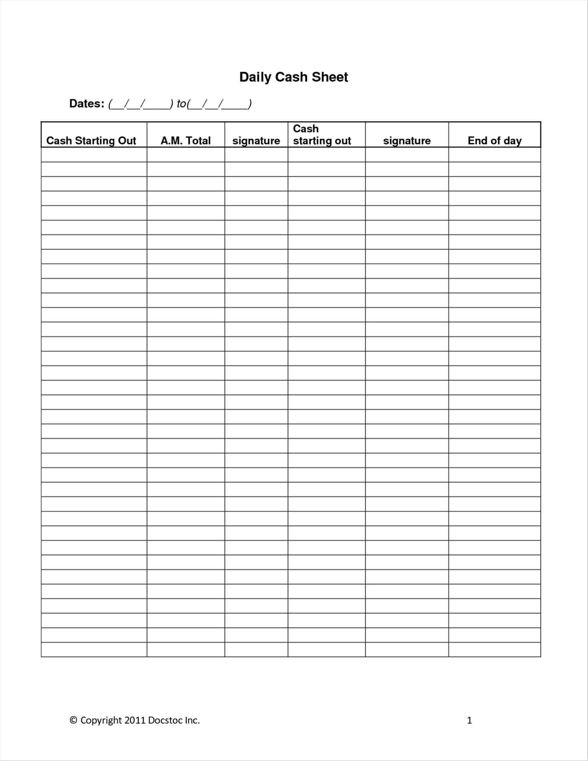 Sample of Daily Cash Sheet Template