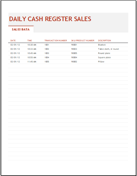 Sample of Daily Sales Register Template