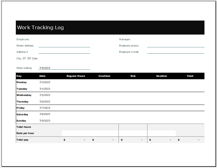 Sample of Employee At Home Work Tracking Log Template