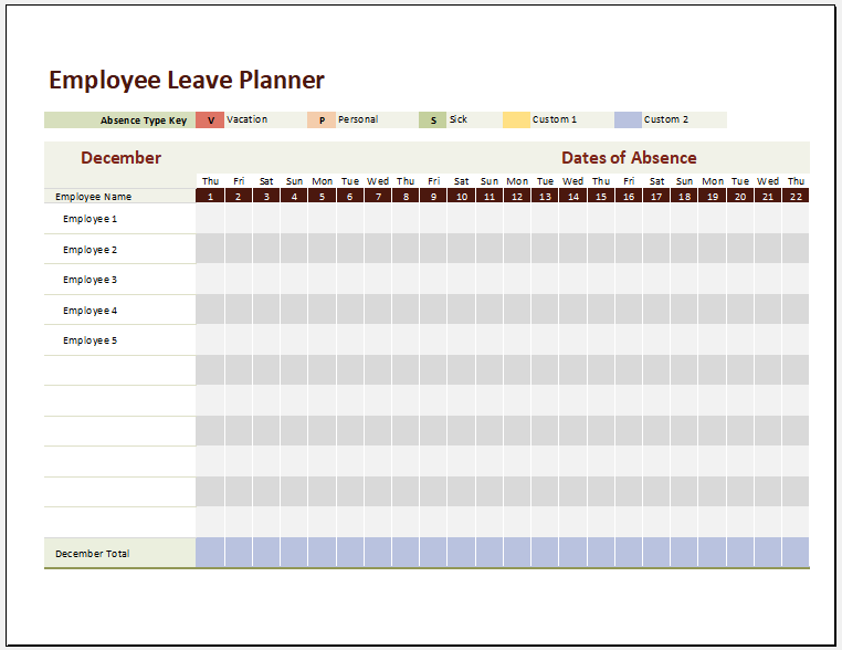 Sample of Employee Leave Roster Template