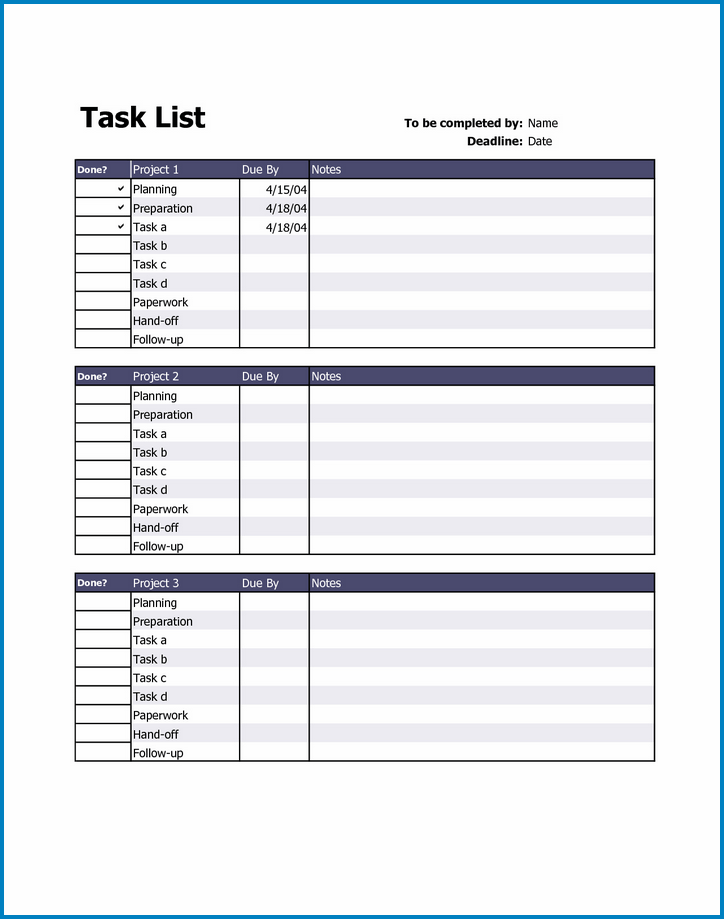 Sample of Employee Task List Template