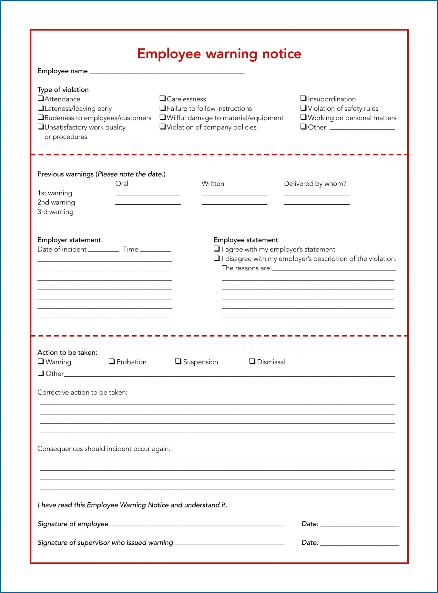 √ Free Printable Employee Write Up Form