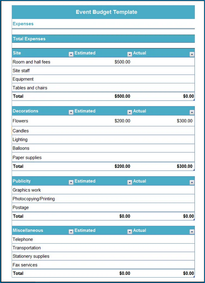 Sample of Event Planning Budget Template