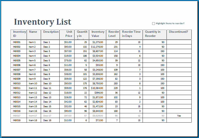 Sample of Excel Inventory Template