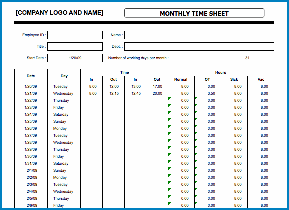 Sample of Excel Timesheet Template Monthly