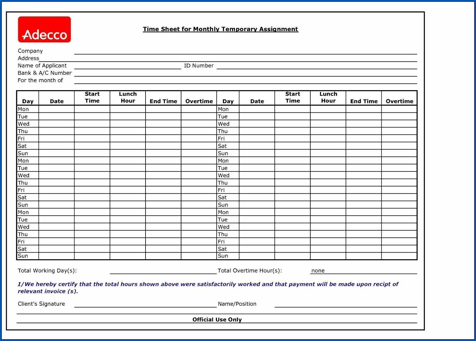 Sample of Excel Weekly Timesheet Template With Formulas