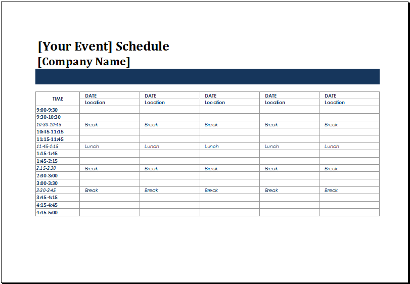 Sample of Five Day Event Schedule Template