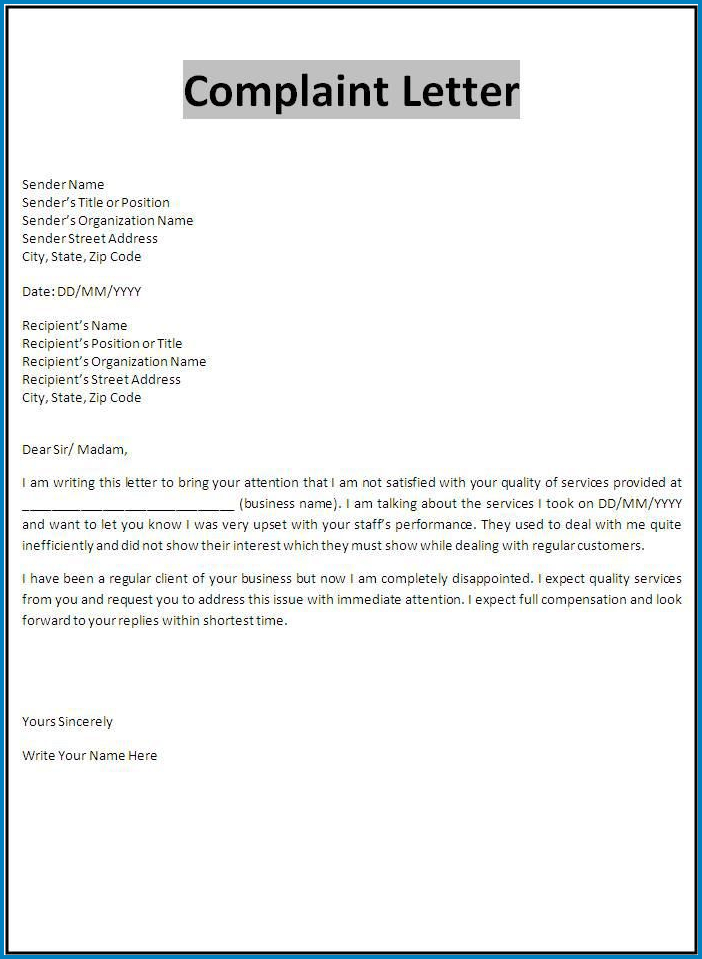 Sample of Formal Letter Of Complaint Template